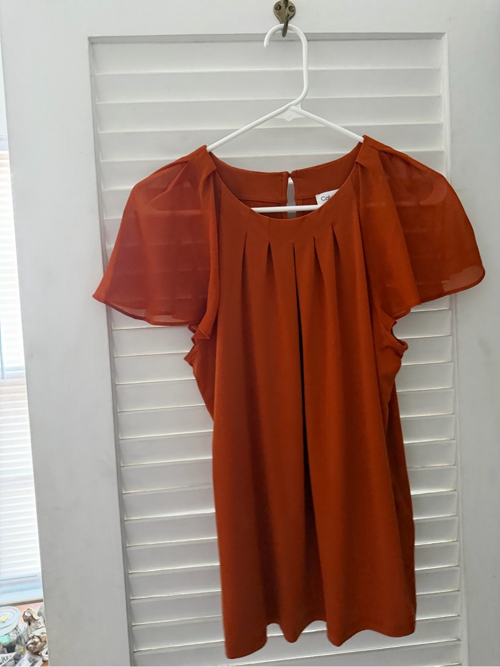 Calvin Klein Burnt Orange Pleated Flutter Sleeve Blouse